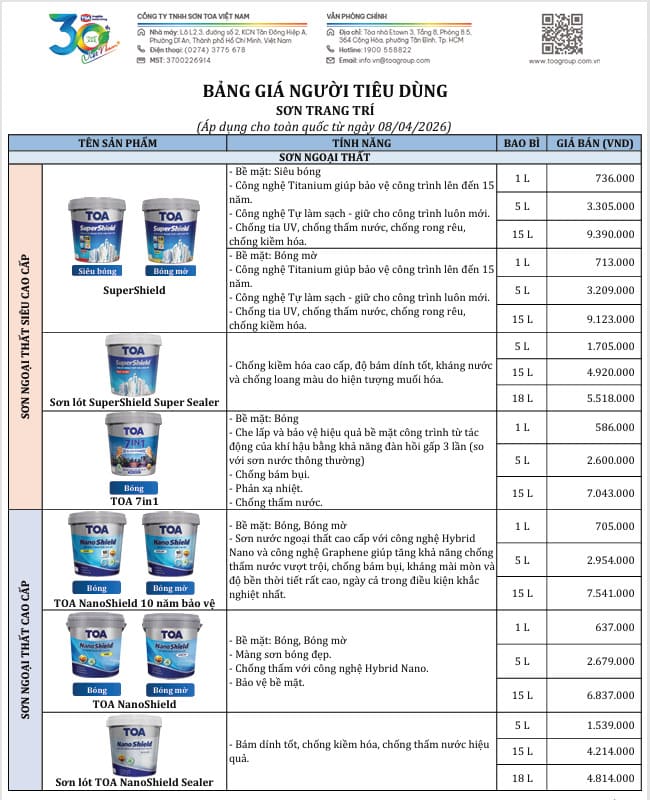 Bảng giá sơn ngoại thất TOA từ hãng