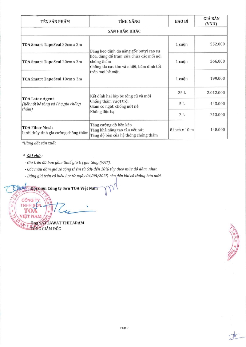 Bảng giá Sơn Toa tại Sơn Hưng Phát
