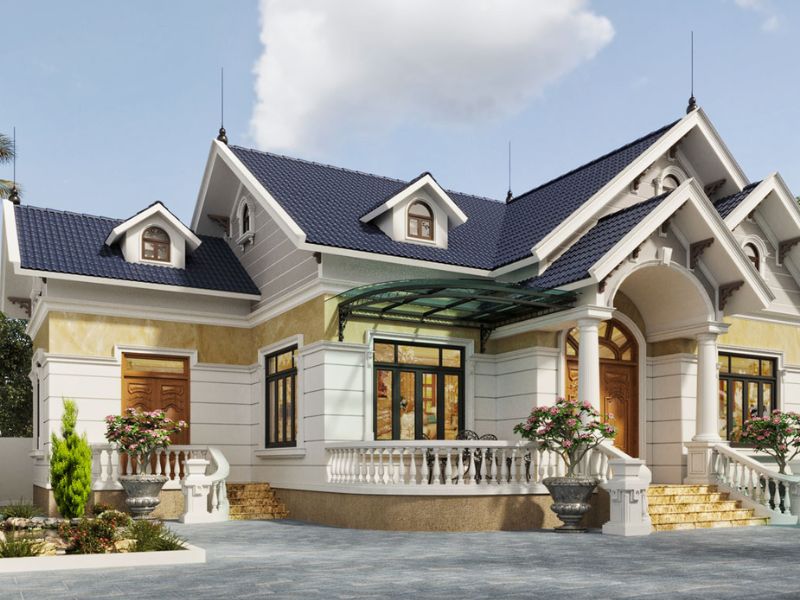 Phối hợp màu sơn phù hợp với màu mái ngói, cửa và lan can Phối hợp màu sơn phù hợp với màu mái ngói, cửa và lan can