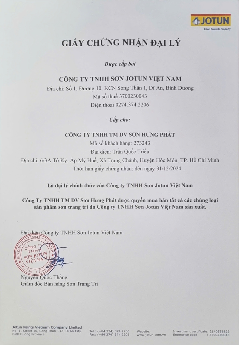 Sơn Hưng Phát là đại lý chính thức của sơn Jotun tại TPHCM
