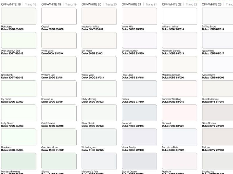 Bảng màu trắng của Dulux rất đa dạng với nhiều cấp độ màu sắc khác nhau khá đẹp