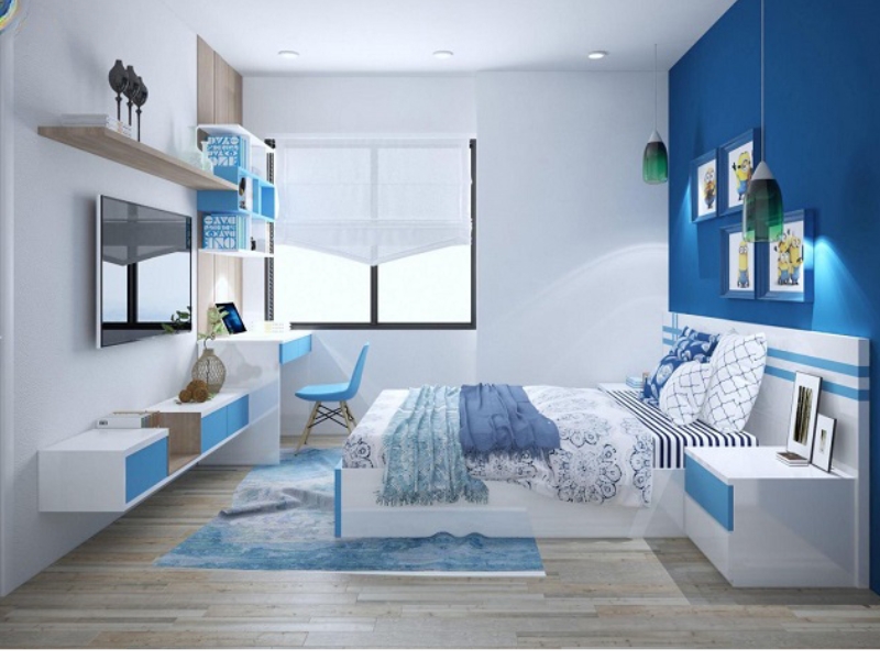 Sự kết hợp giữa xanh nước biển và xám tạo nên phong cách tối giản đầy cuốn hút