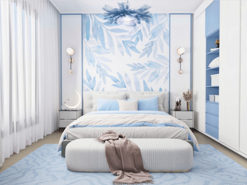 Phối màu xanh biển và trắng giúp phòng ngủ luôn tràn đầy năng lượng và sự tươi mới