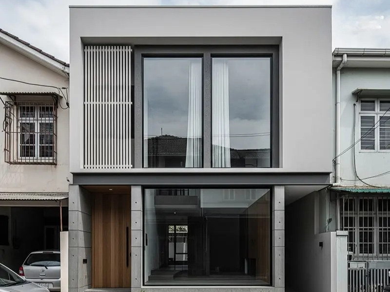 Sự kết hợp giữa sắc trắng và xám giúp làm nổi bật các khối kiến trúc nhà phố