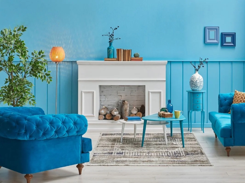 Màu xanh dương ánh xanh ngọc giúp mặt tường trở nên lung linh và đầy sức sống tự nhiên