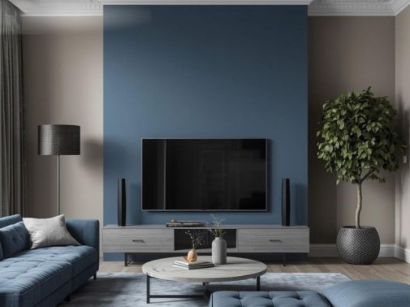 Sự kết hợp giữa sắc xanh và ghi xám tạo nên vẻ ngoài lịch lãm cho bức tường