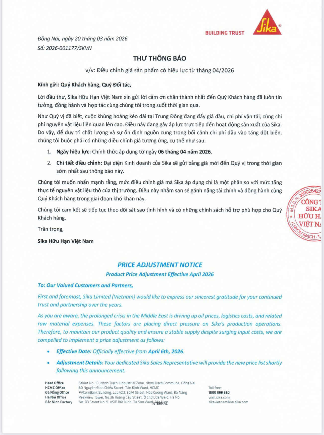 Thông báo tăng giá sơn Sika từ nhà sản xuất