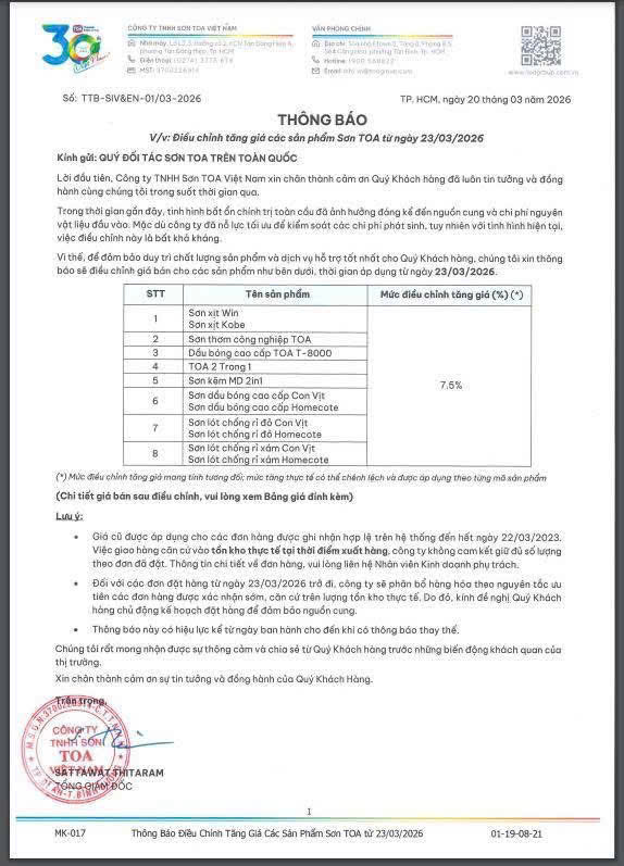 Thông báo điều chỉnh giá từ nhà sản xuất sơn Toa