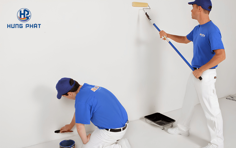 Thợ thi công sử dụng ru lô để phủ sơn Maxilite M16 lên tường nội thất Thợ thi công sử dụng ru lô để phủ sơn Maxilite M16 lên tường nội thất