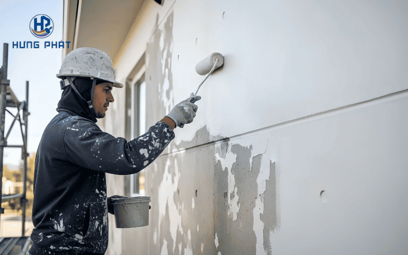 Thợ thi công sử dụng ru lô để phủ sơn Maxilite M60 lên tường ngoại thất Thợ thi công sử dụng ru lô để phủ sơn Maxilite M60 lên tường ngoại thất