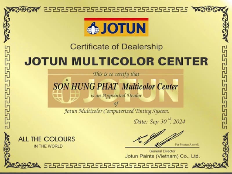 Giấy chứng nhận đại lý phân phối sơn Jotun chính hãng của Sơn Hưng Phát Giấy chứng nhận đại lý phân phối sơn Jotun chính hãng của Sơn Hưng Phát